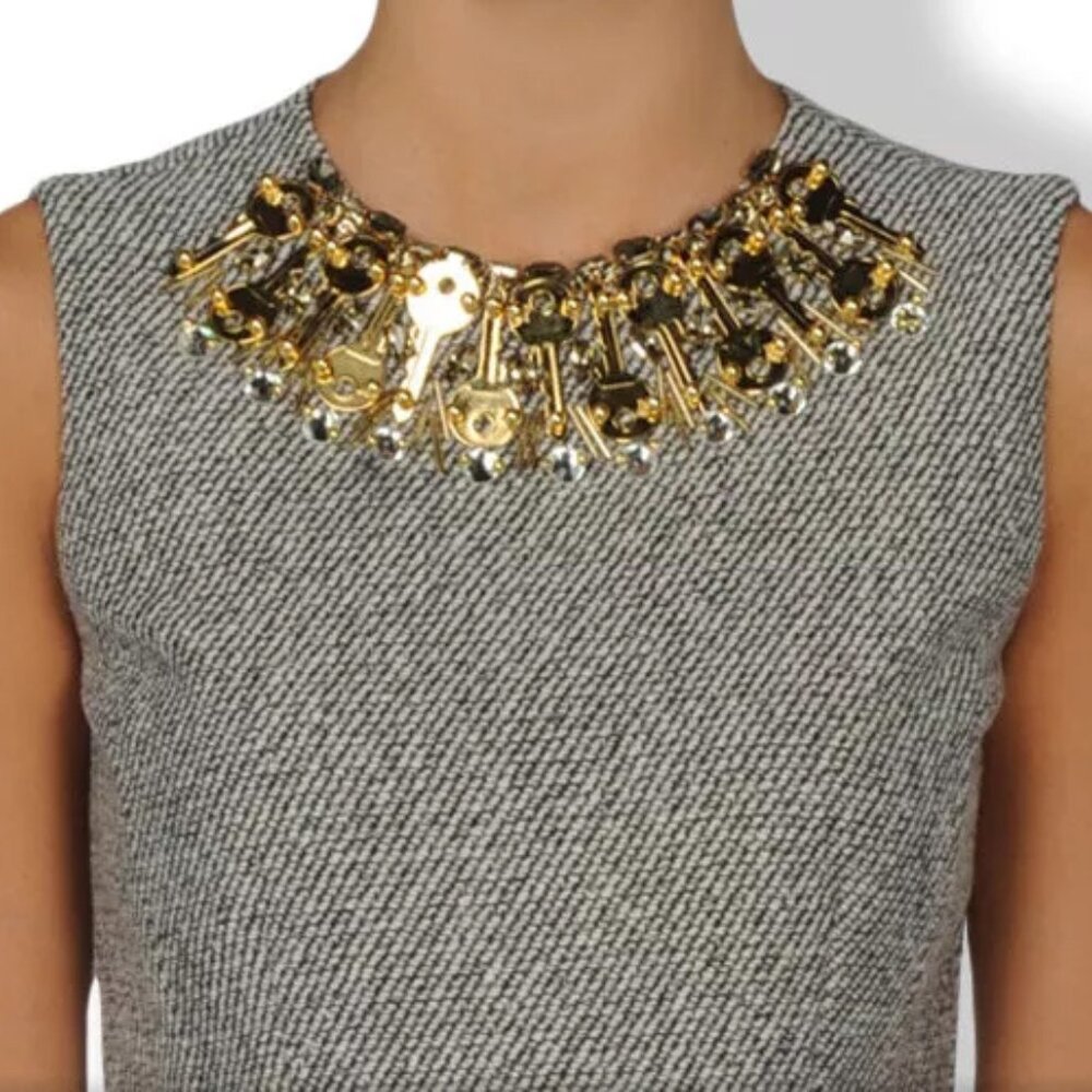 MOSCHINO Couture Tweed Gold Keys Rhinestone Bead Wool Lined Dress USA Sz 6